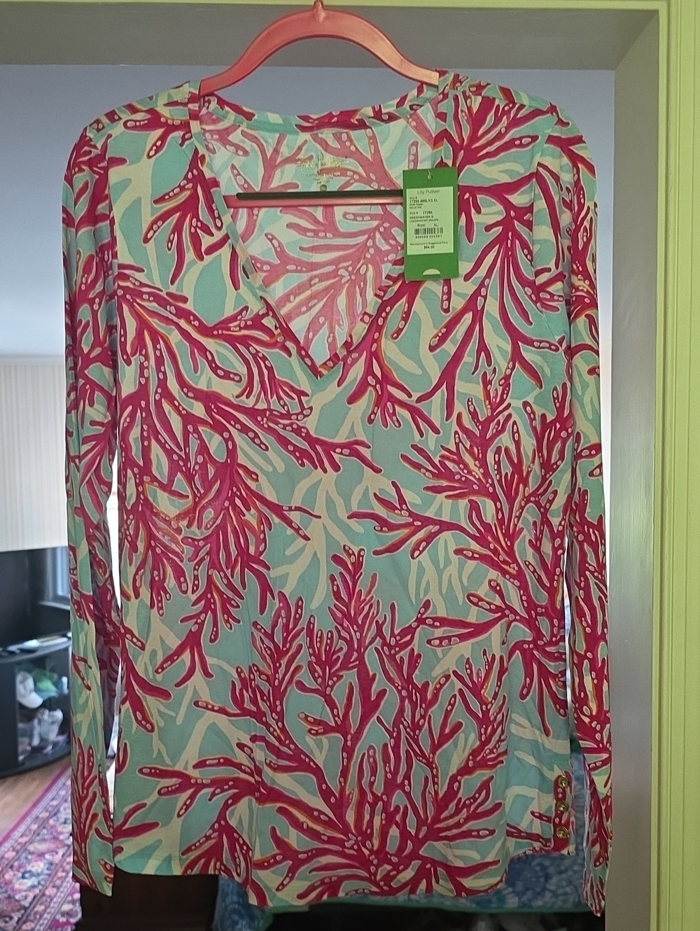 Lilly Pulitzer NWT Nellie Underwater Escape Pink and Aqua Coral-Print V-Neck Top